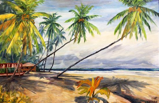 Edwin Hingwan (1932-1976) Beach scene, Trinidad, 23.5 x 35.5in.